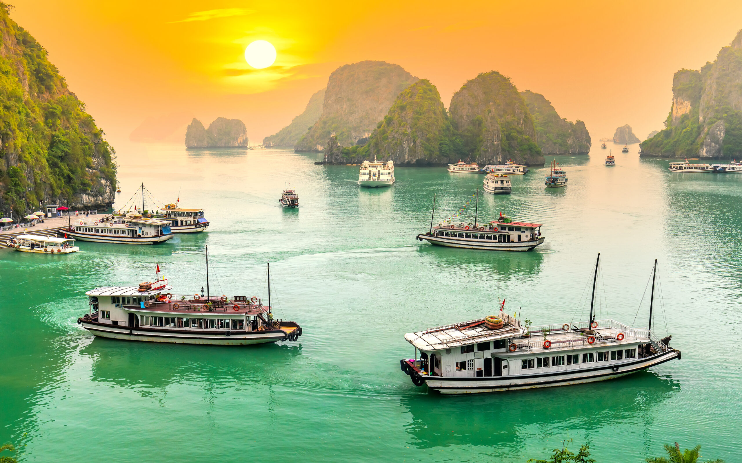 Dreamy sunset landscape Halong Bay, Vietnam view from adove. This is the UNESCO World Heritage Site, a beautiful natural wonder in northern Vietnam